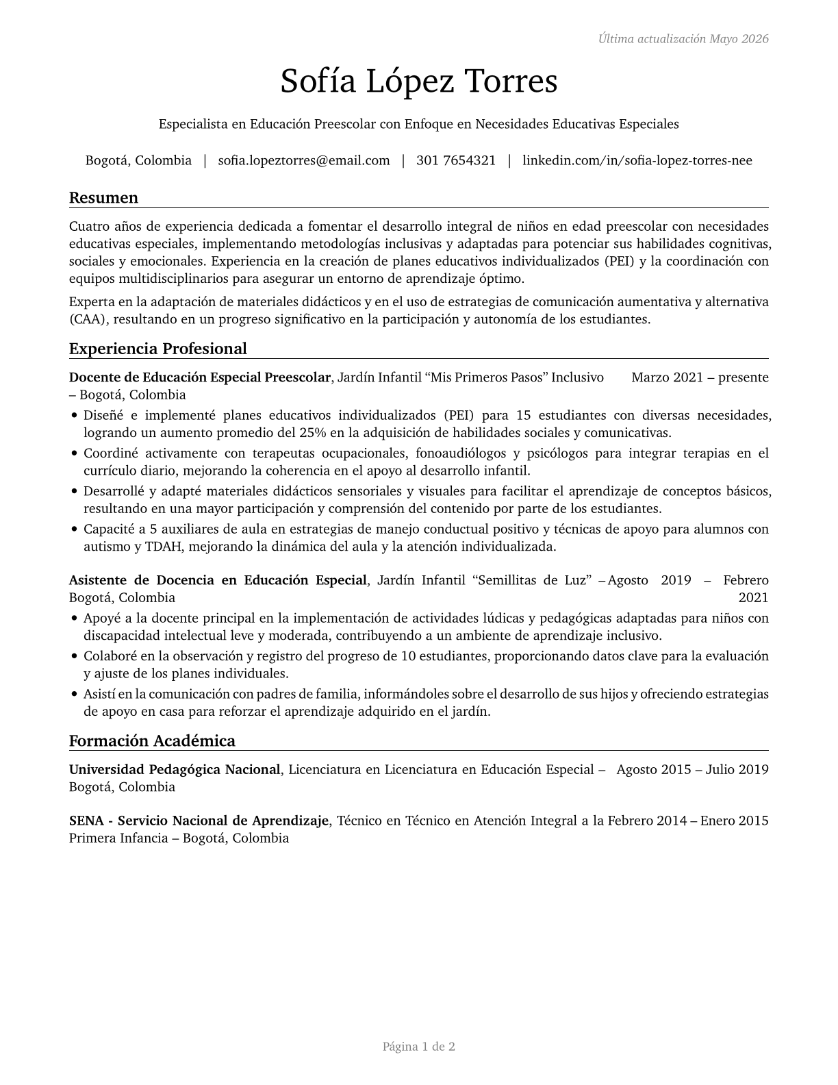 Special Education Teachers, Preschool CV in Spanish — page 1