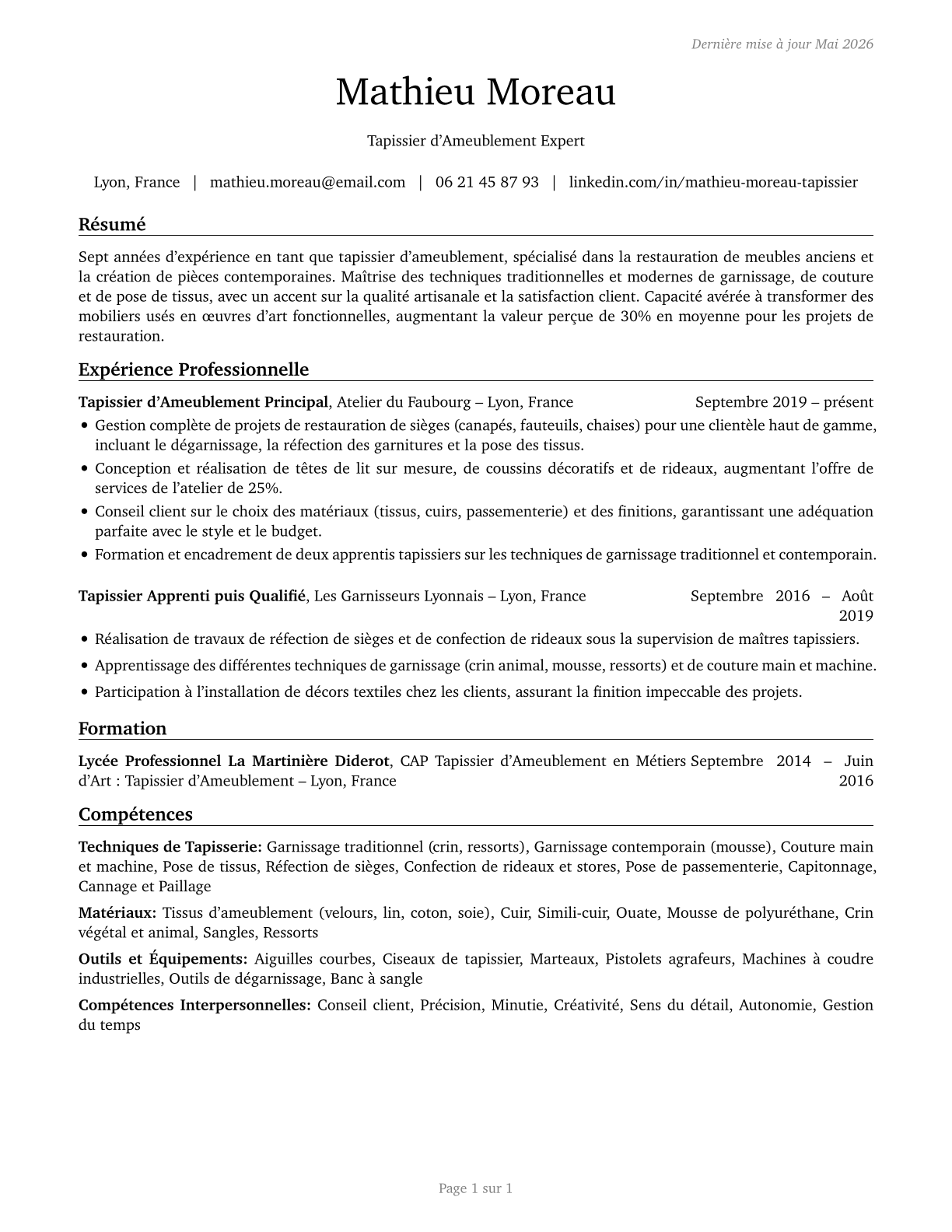 Upholsterers CV in French — page 1