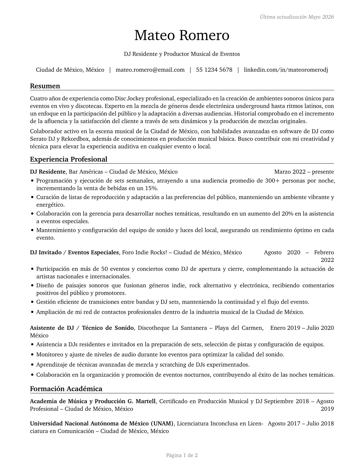 Disc Jockeys, Except Radio CV in Spanish — page 1