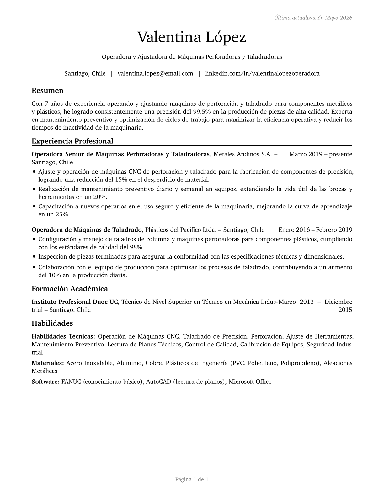 Drilling and Boring Machine Tool Setters, Operators, and Tenders, Metal and Plastic CV in Spanish — page 1