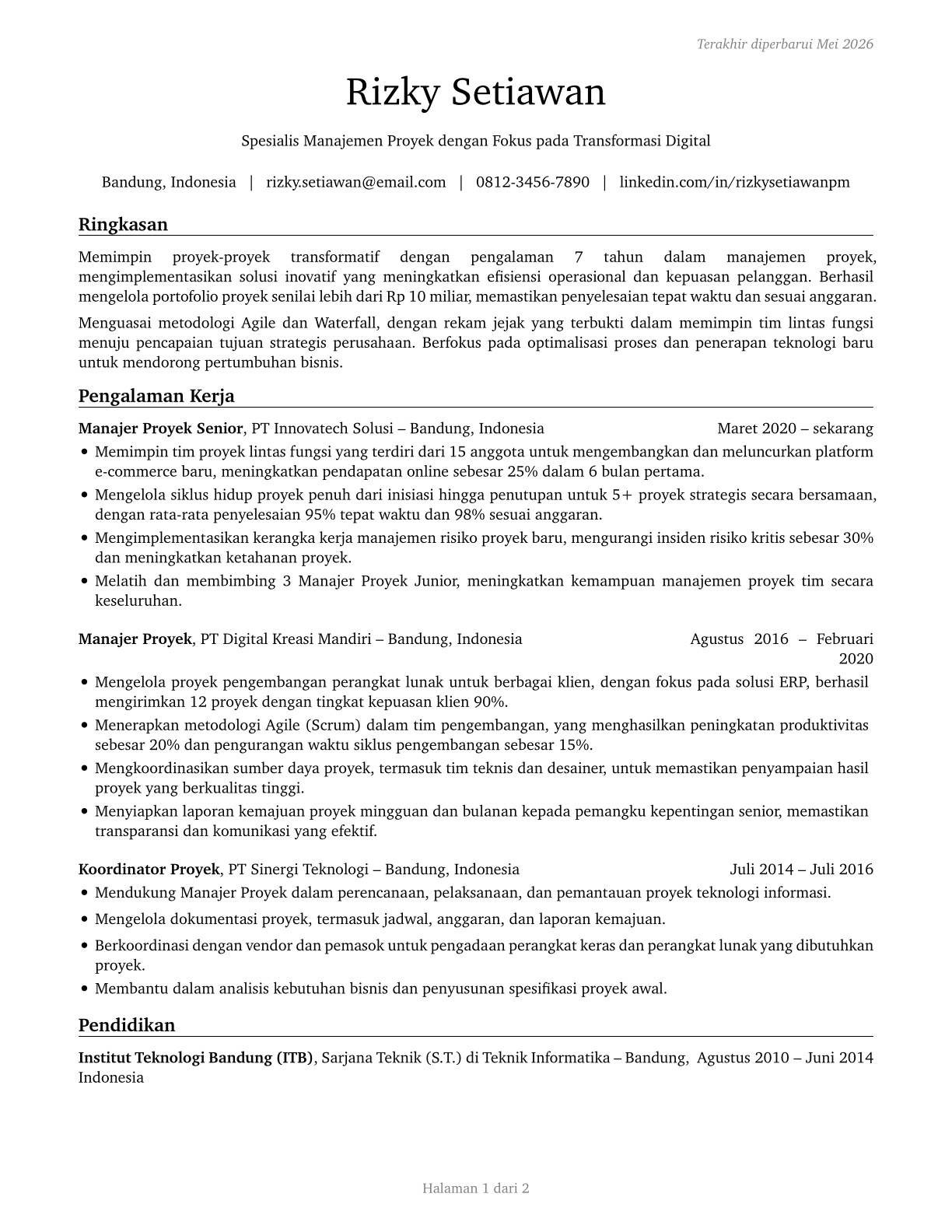 Project Management Specialists CV in Indonesian — page 1