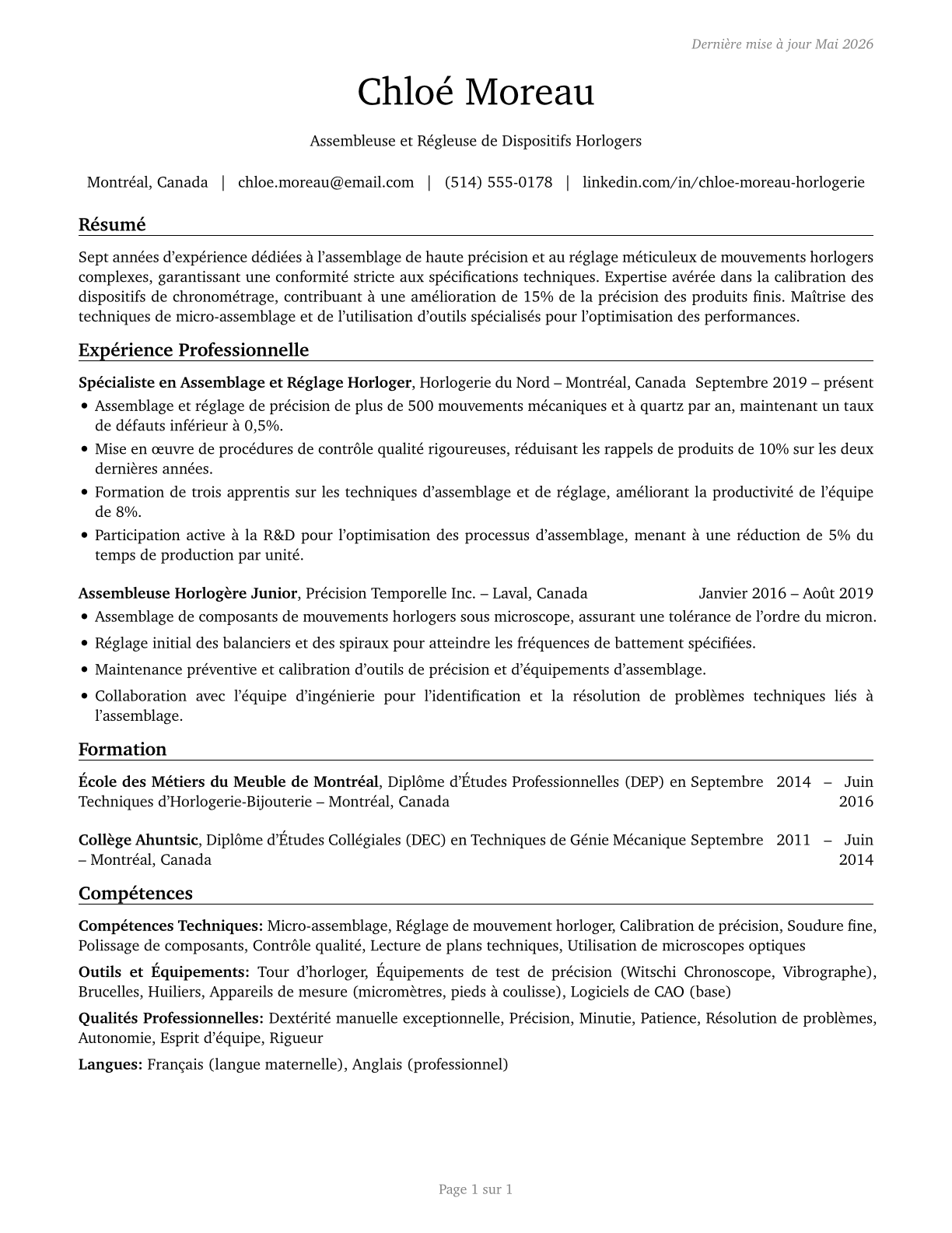 Timing Device Assemblers and Adjusters CV in French — page 1