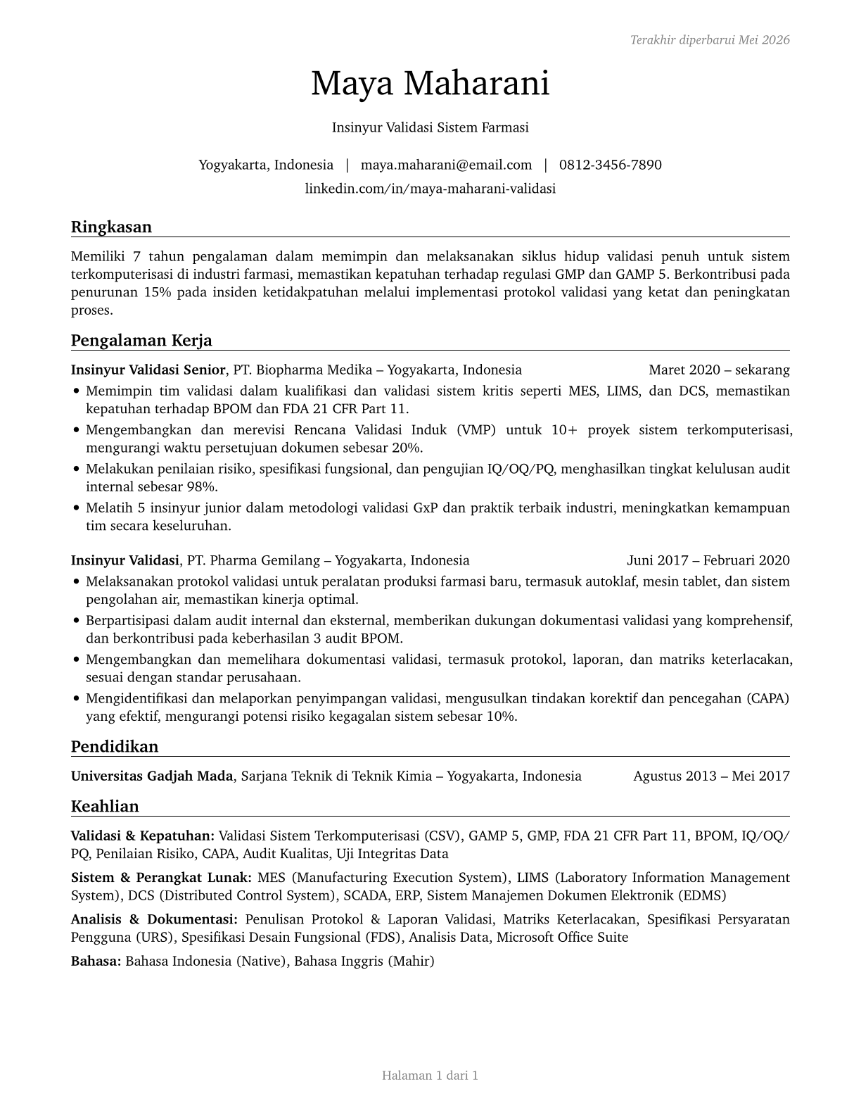 Validation Engineers CV in Indonesian — page 1