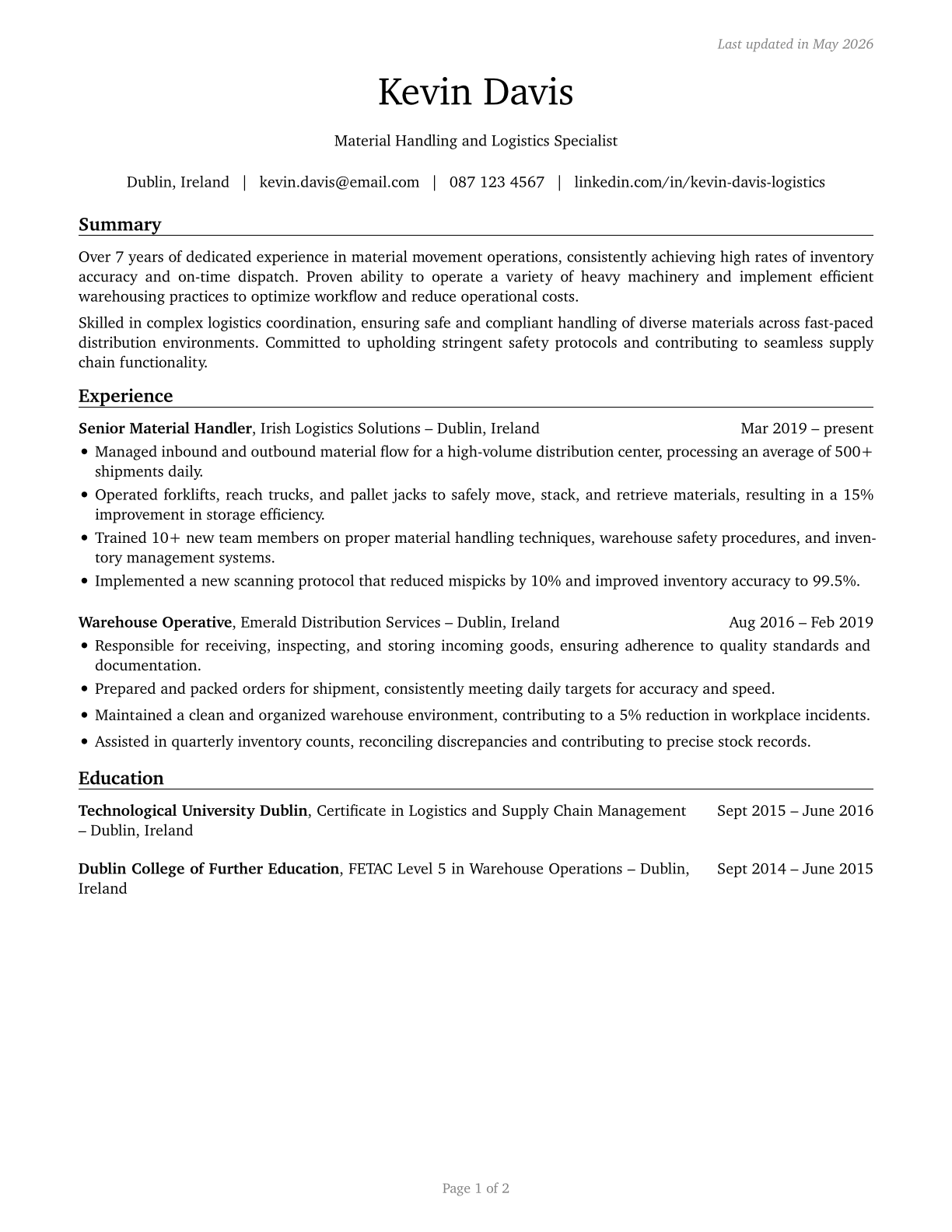 Material Moving Workers, All Other CV in English — page 1