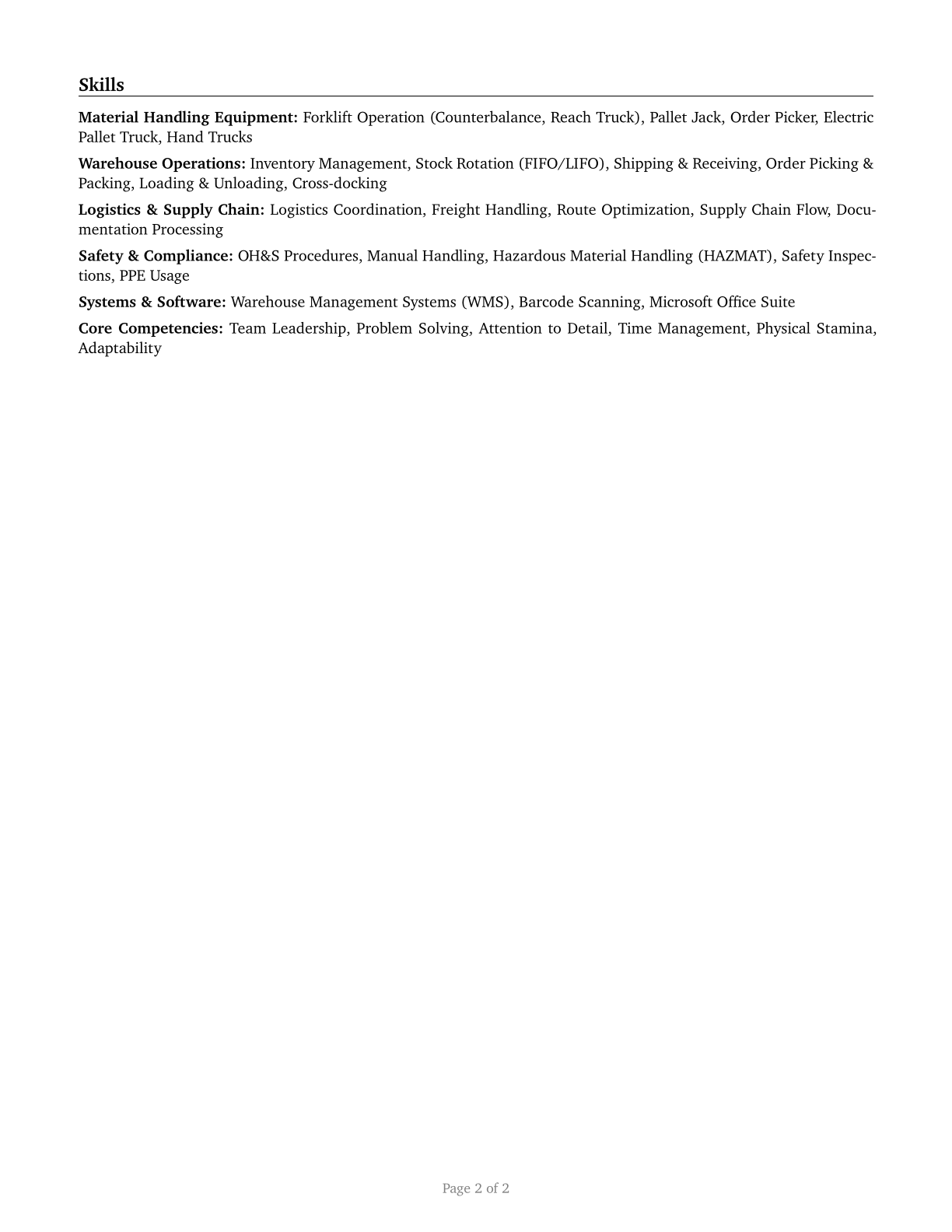 Material Moving Workers, All Other CV in English — page 2