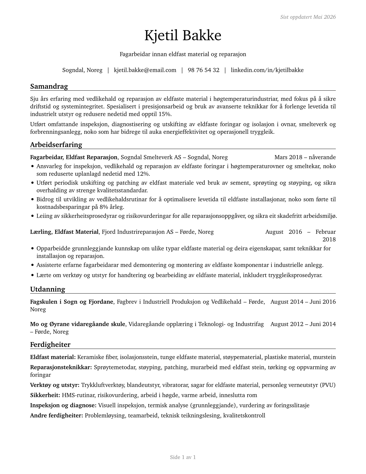 Refractory Materials Repairers, Except Brickmasons CV in Norwegian_nynorsk — page 1
