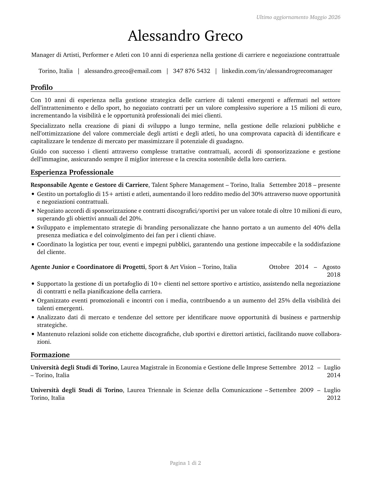 Agents and Business Managers of Artists, Performers, and Athletes CV in Italian — page 1