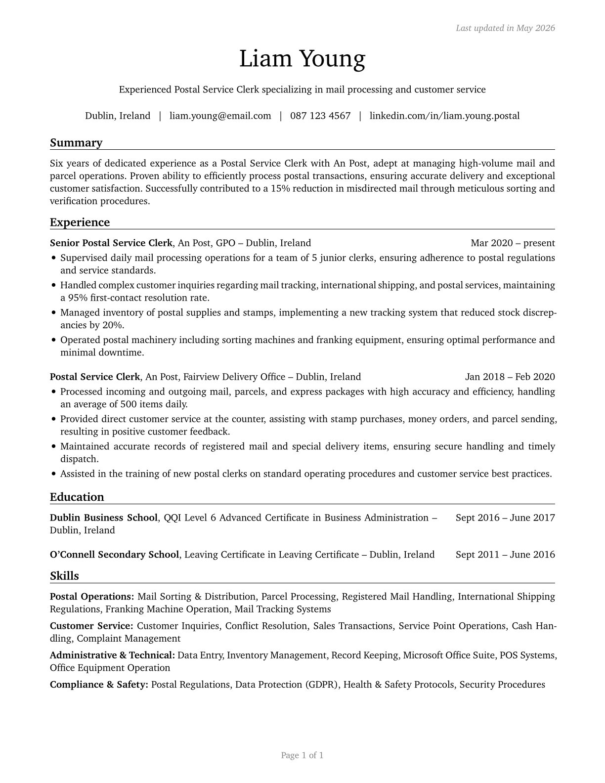 Postal Service Clerks CV in English — page 1