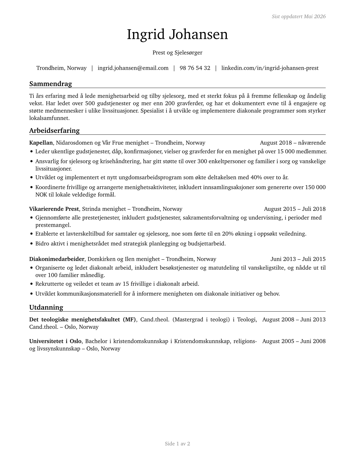 Clergy CV in Norwegian_bokmal — page 1