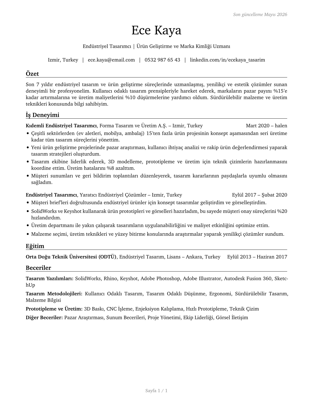 Commercial and Industrial Designers CV in Turkish — page 1