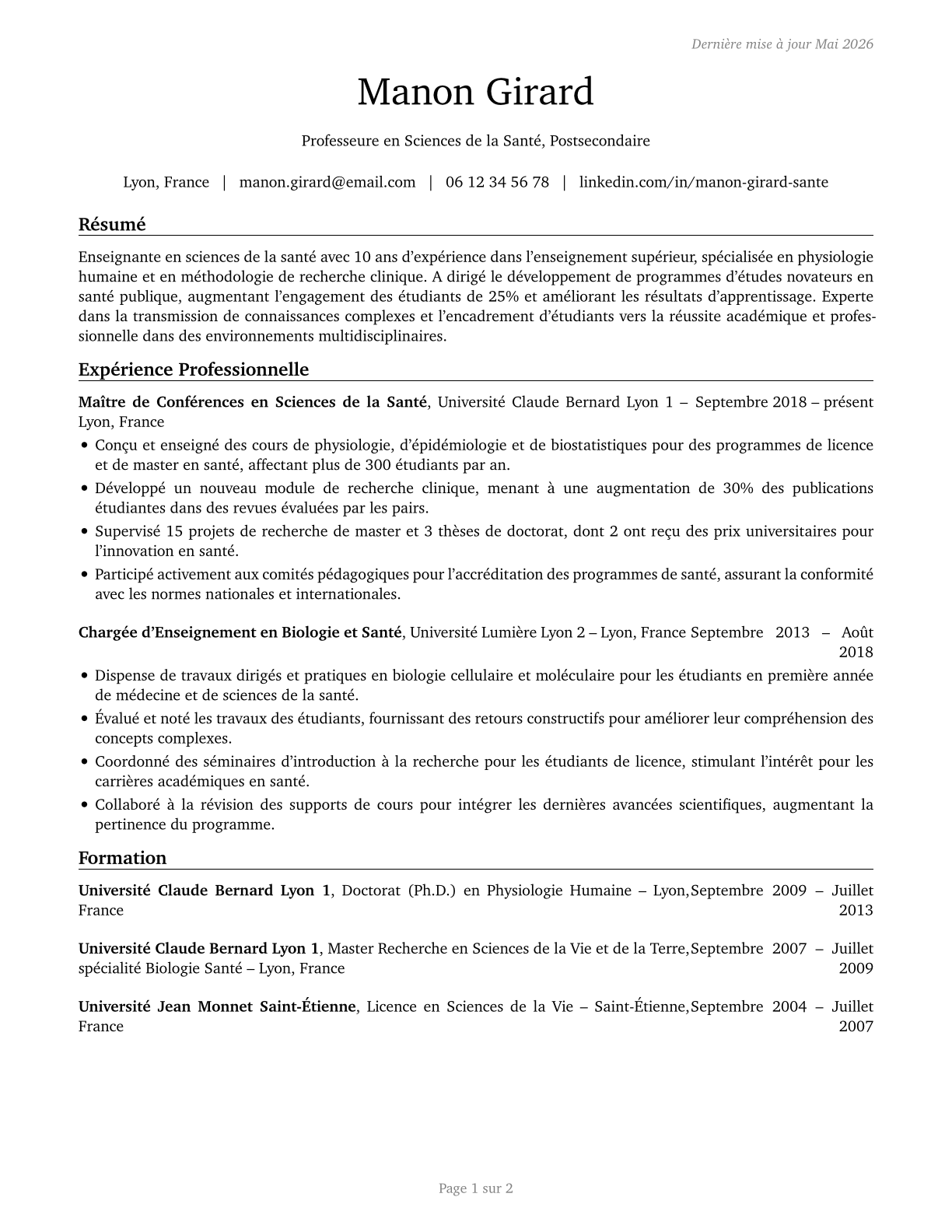 Health Specialties Teachers, Postsecondary CV in French — page 1