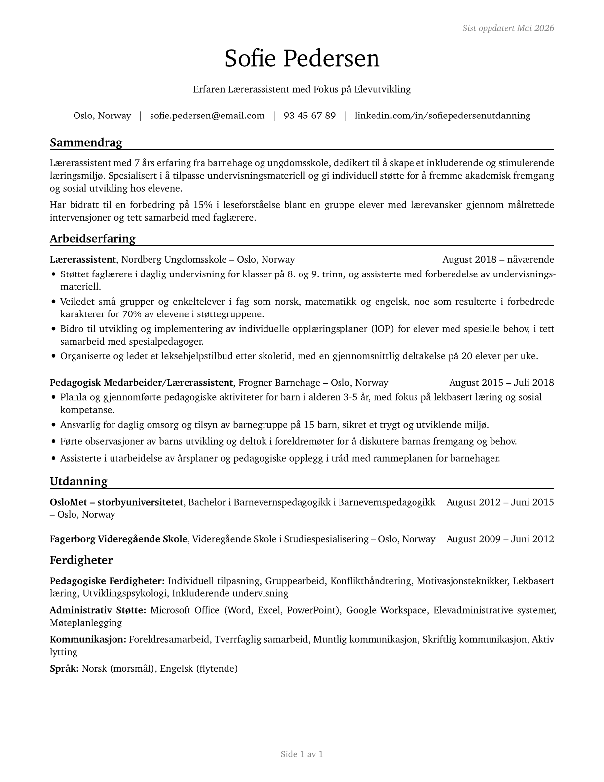 Teaching Assistants, Preschool, Elementary, Middle, and Secondary School, Except Special Education CV in Norwegian_bokmal — page 1