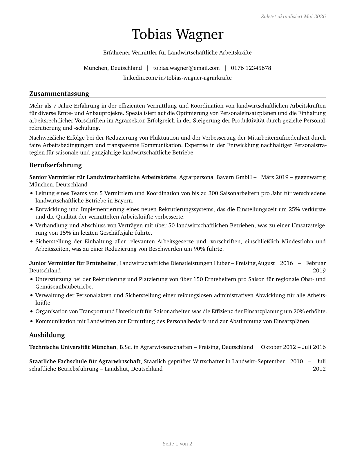 Farm Labor Contractors CV in German — page 1