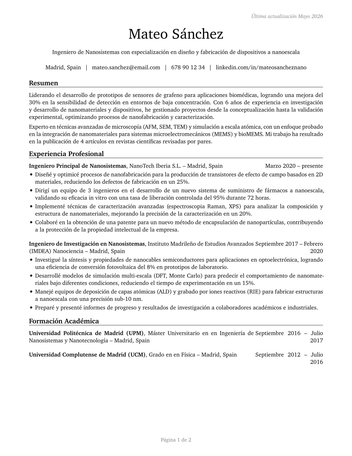 Nanosystems Engineers CV in Spanish — page 1