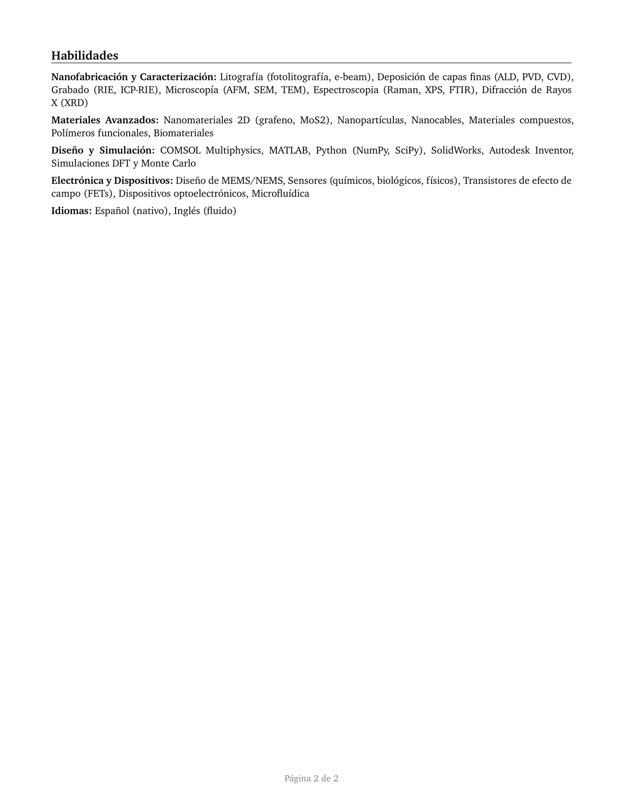 Nanosystems Engineers CV in Spanish — page 2