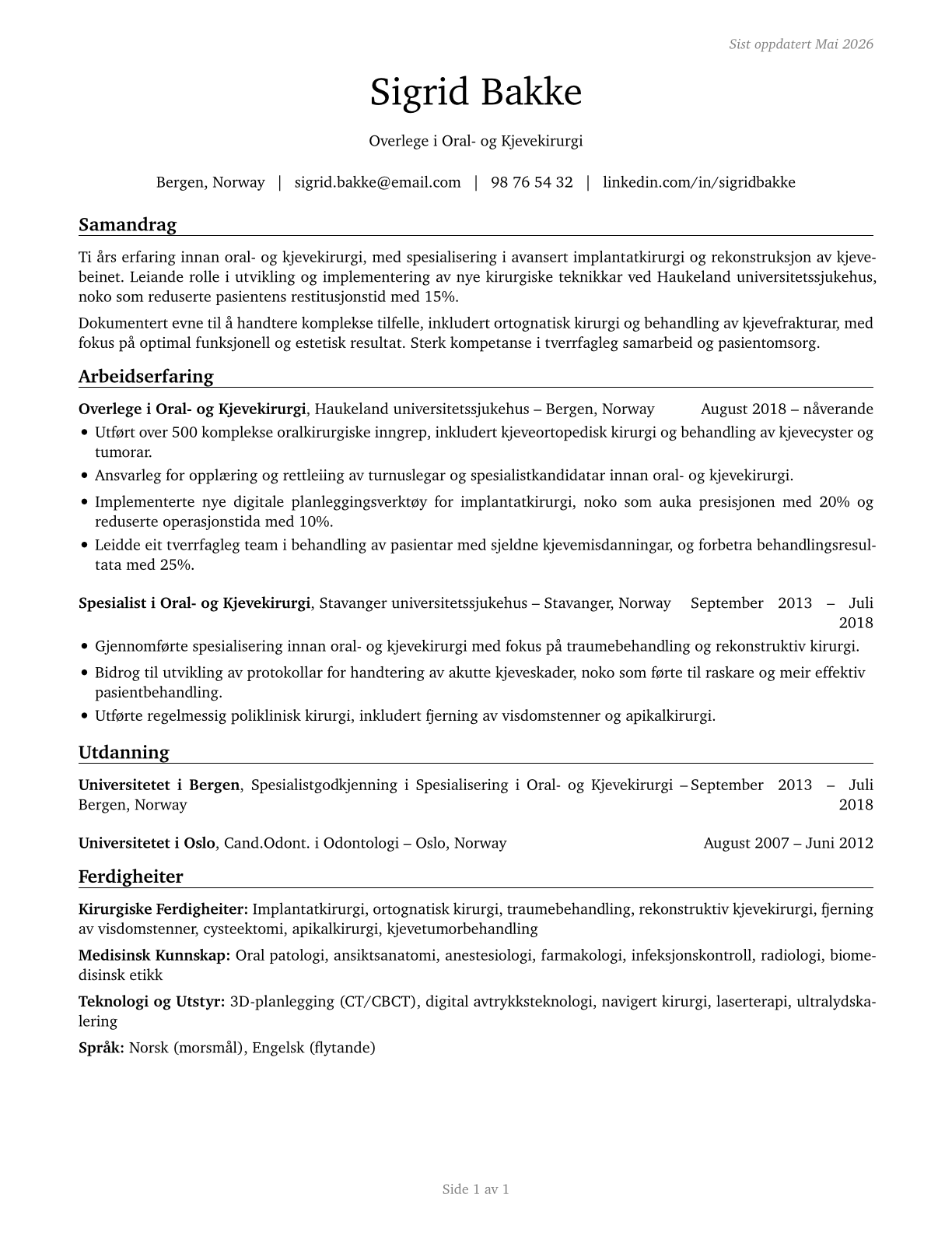 Oral and Maxillofacial Surgeons CV in Norwegian_nynorsk — page 1