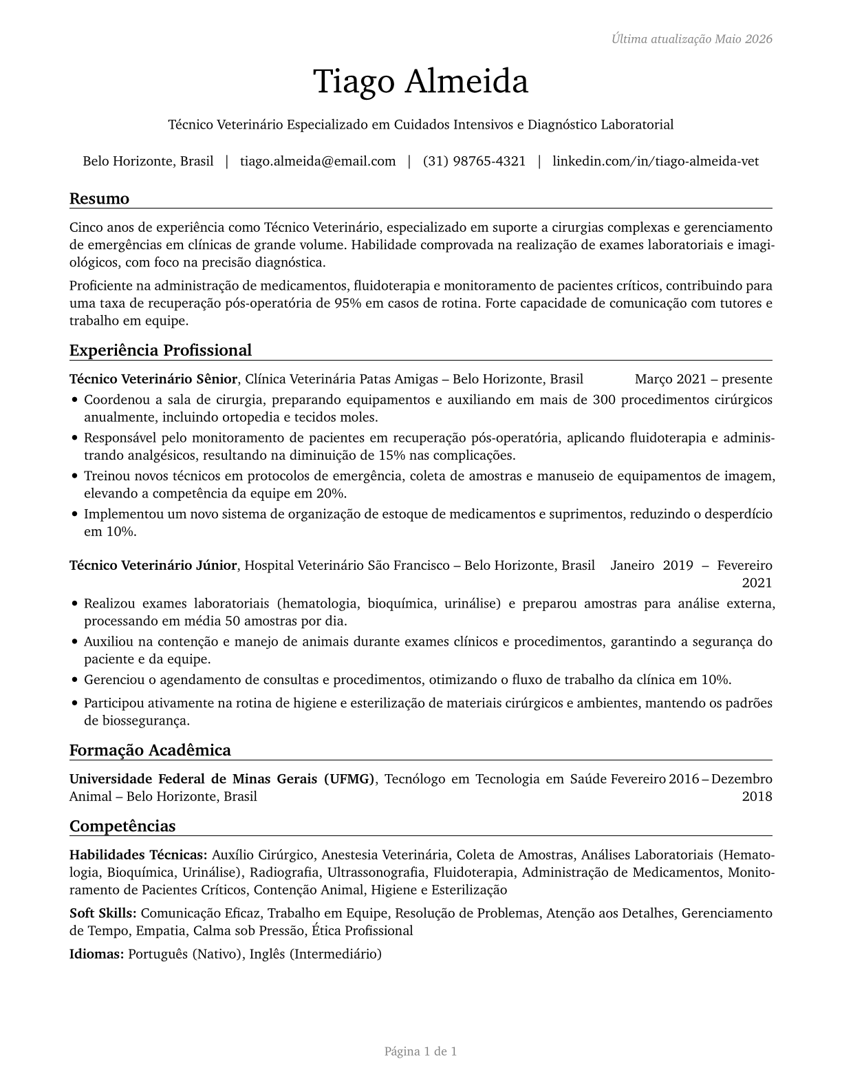Veterinary Technologists and Technicians CV in Portuguese — page 1