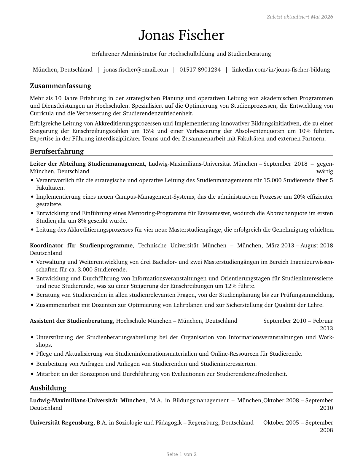 Education Administrators, Postsecondary CV in German — page 1
