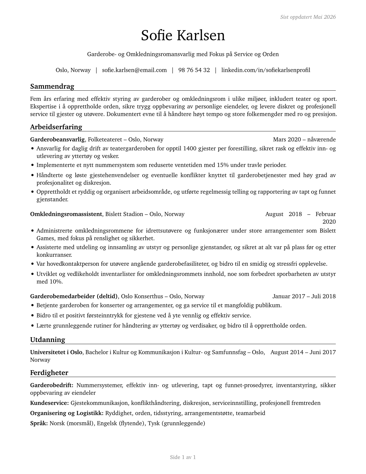 Locker Room, Coatroom, and Dressing Room Attendants CV in Norwegian_bokmal — page 1
