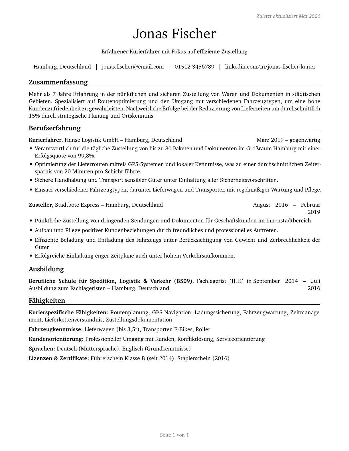 Couriers and Messengers CV in German — page 1