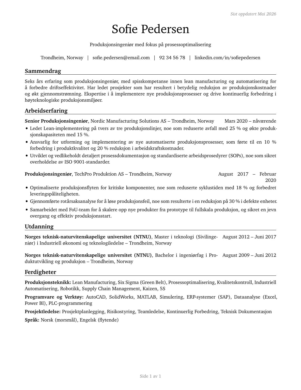 Manufacturing Engineers CV in Norwegian_bokmal — page 1