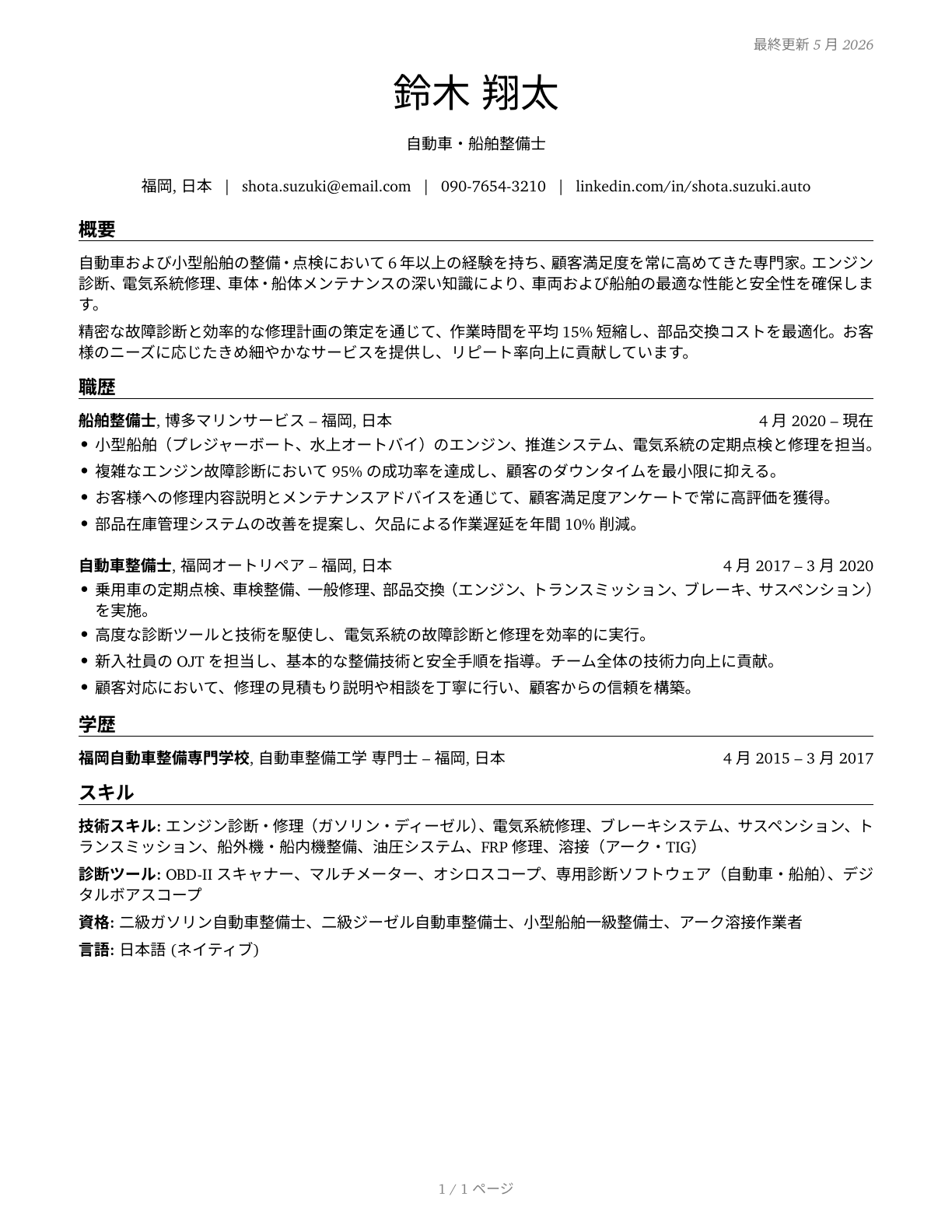 Automotive and Watercraft Service Attendants CV in Japanese — page 1