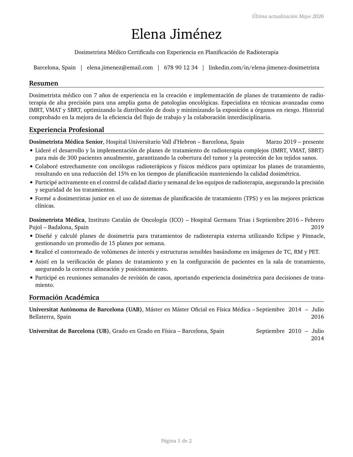 Medical Dosimetrists CV in Spanish — page 1