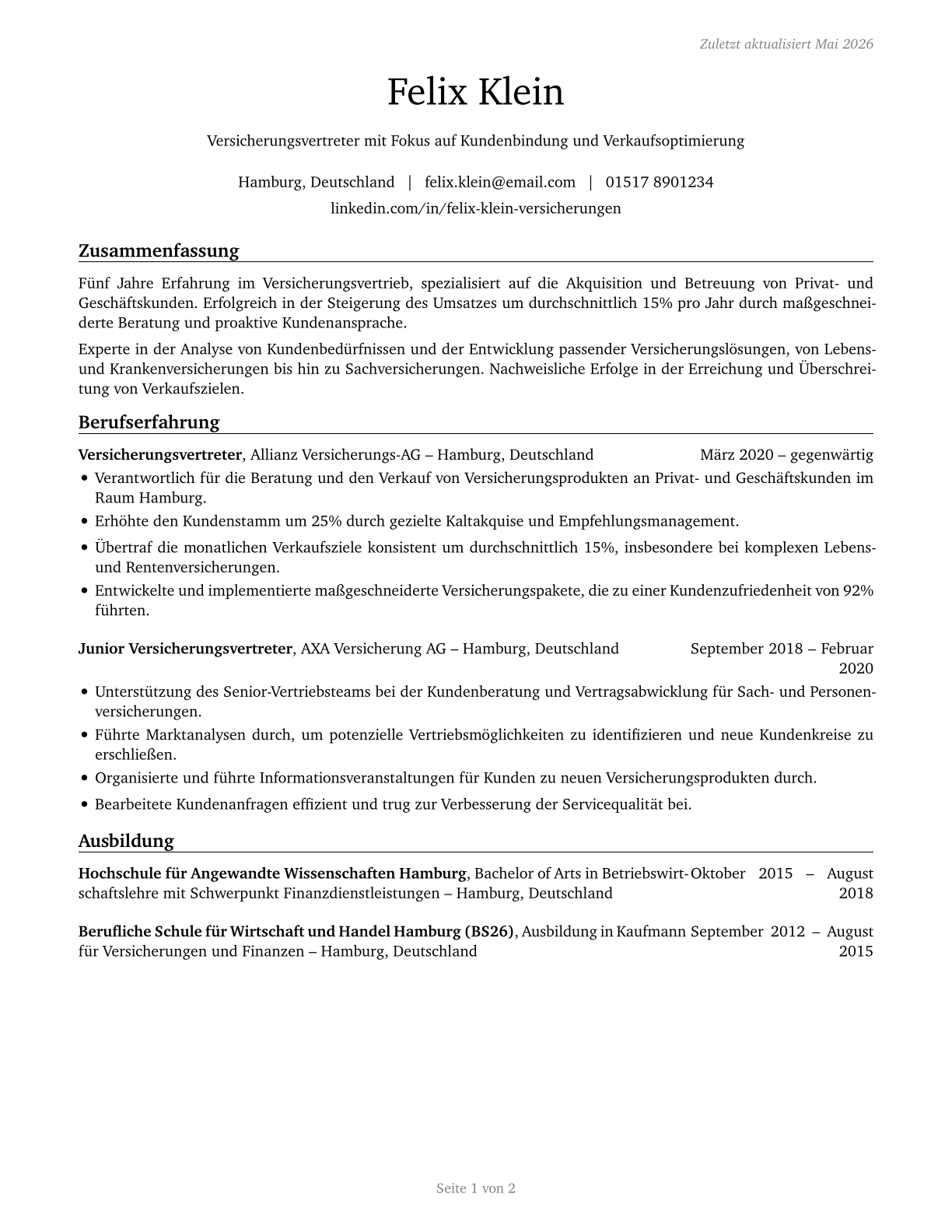Insurance Sales Agents CV in German — page 1