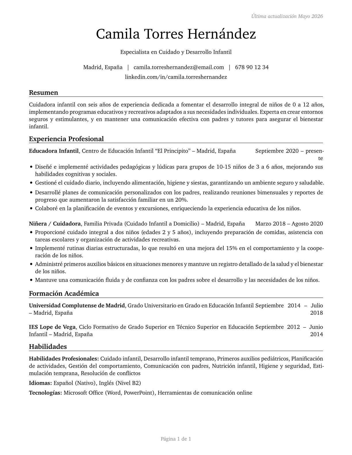 Childcare Workers CV in Spanish — page 1