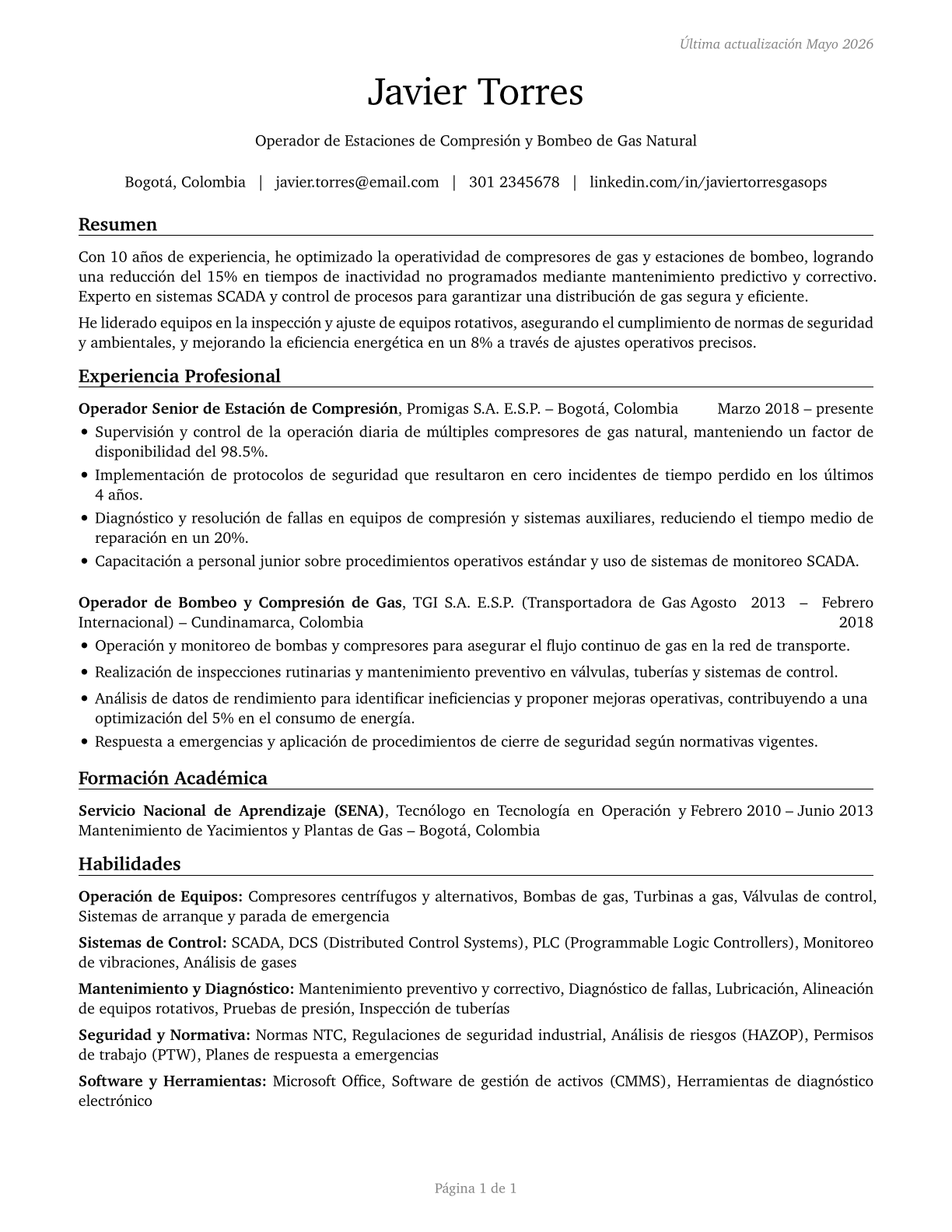 Gas Compressor and Gas Pumping Station Operators CV in Spanish — page 1