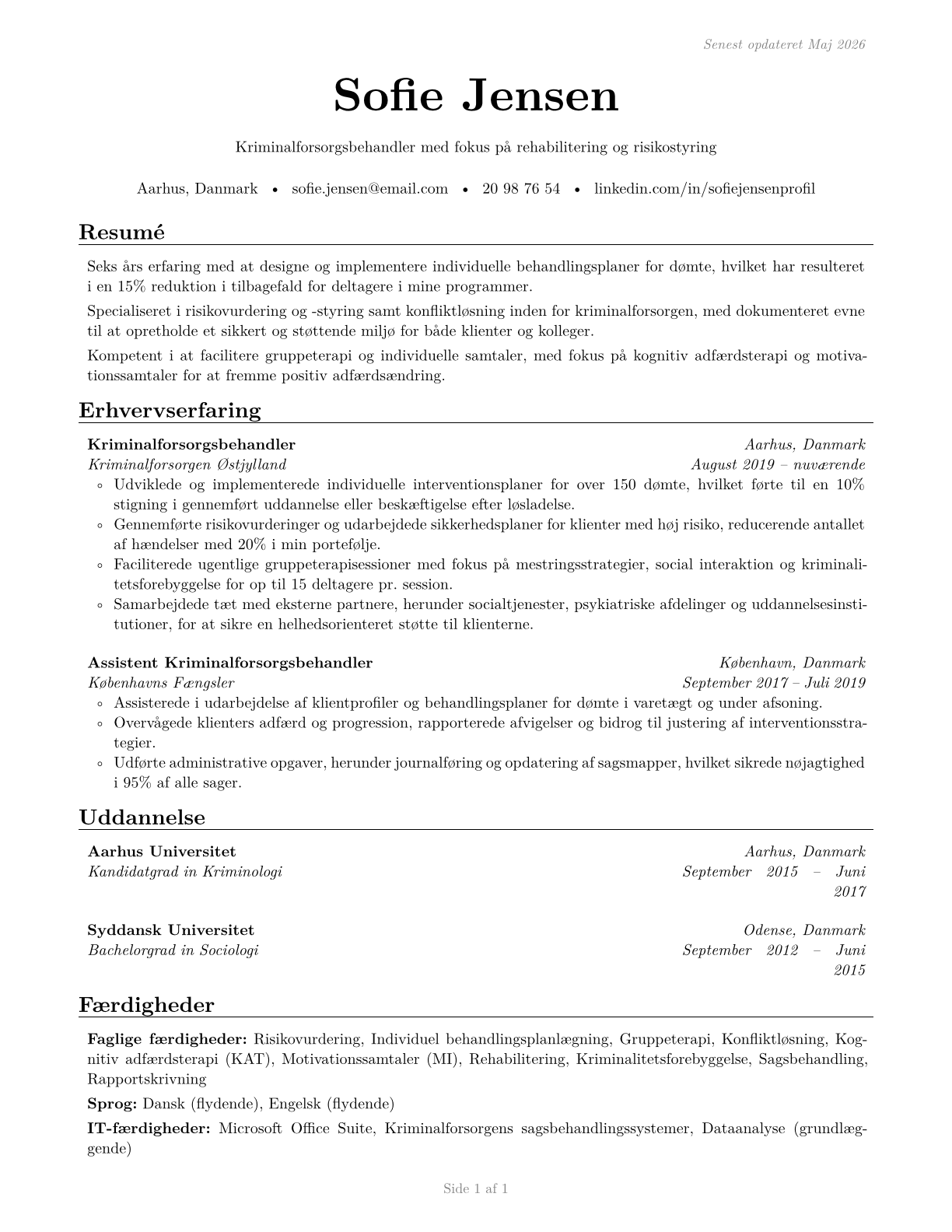 Probation Officers and Correctional Treatment Specialists CV in Danish — page 1