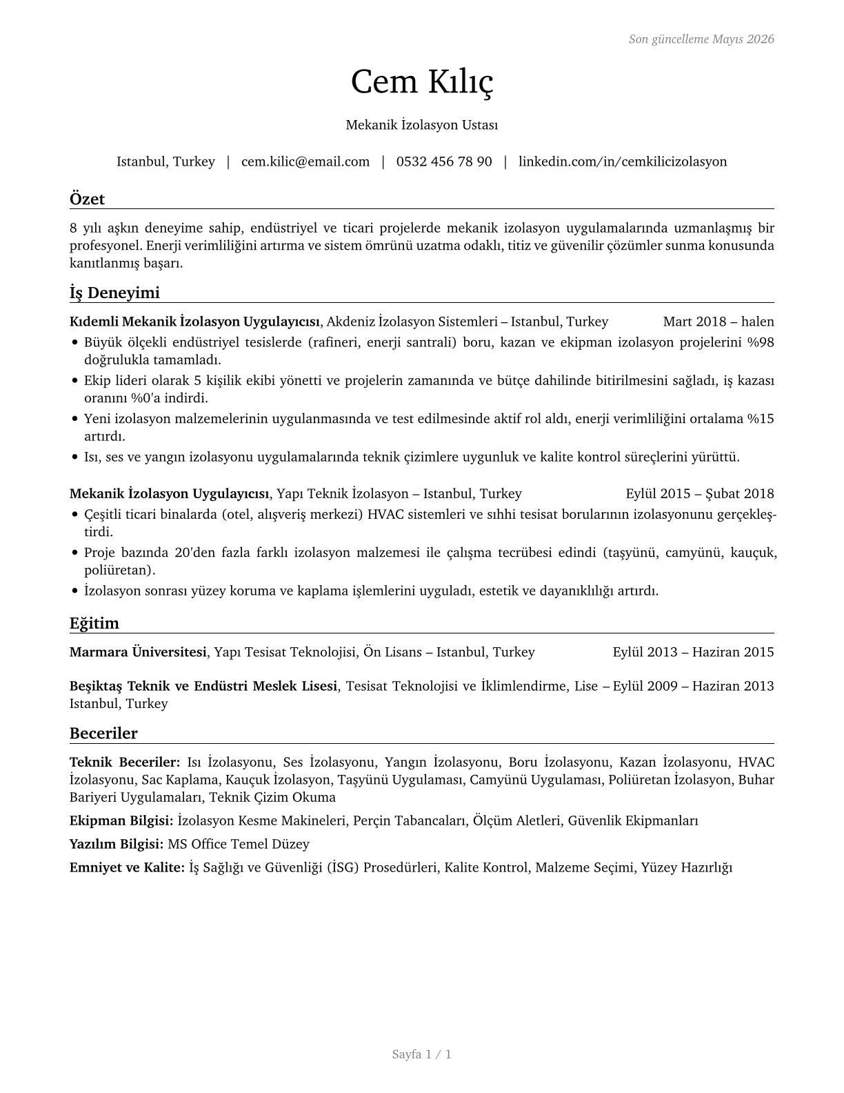 Insulation Workers, Mechanical CV in Turkish — page 1