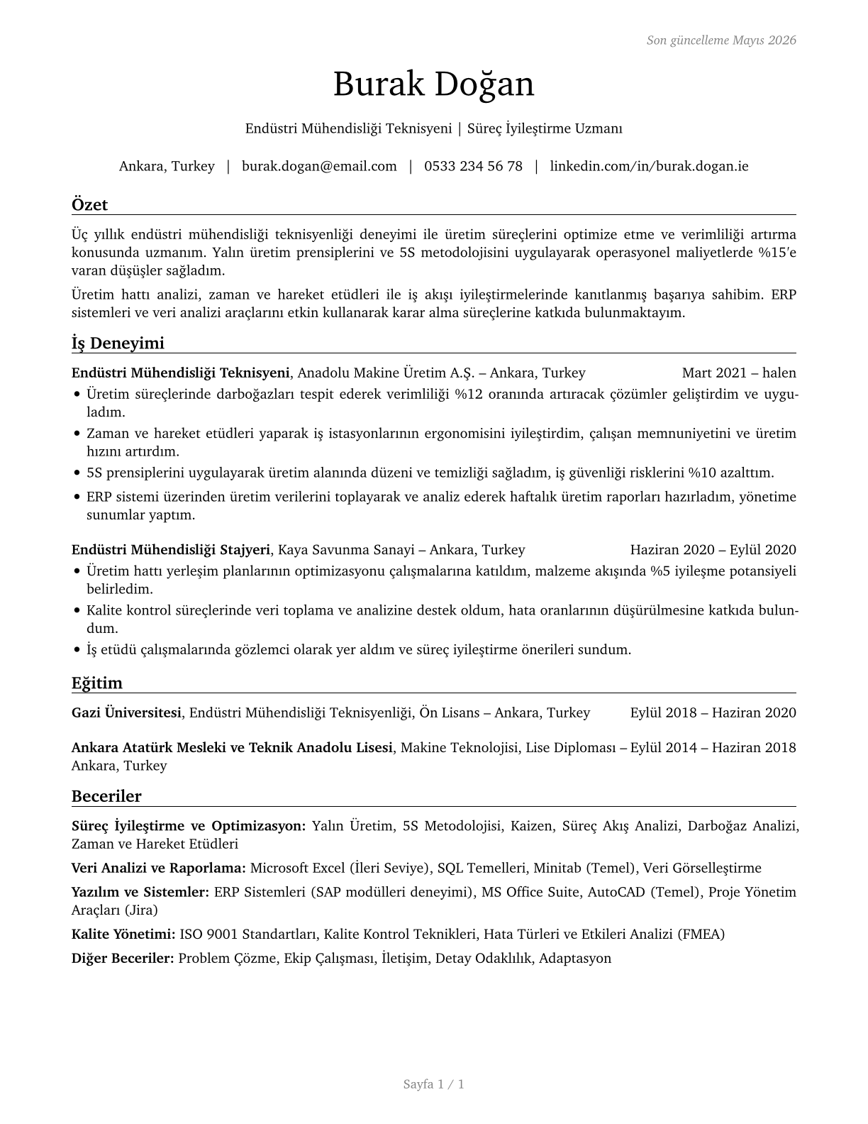 Industrial Engineering Technologists and Technicians CV in Turkish — page 1