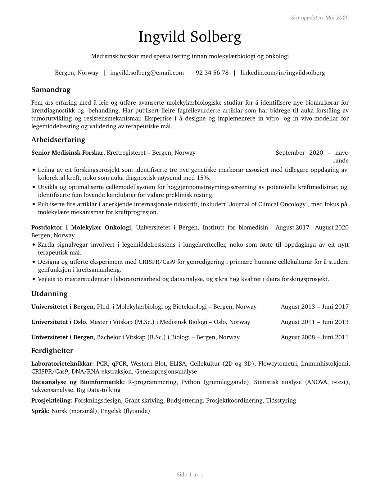 Medical Scientists, Except Epidemiologists CV in Norwegian_nynorsk — page 1