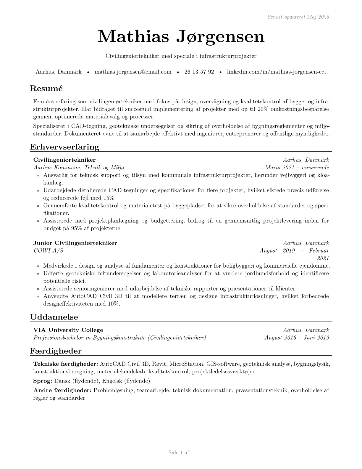 Civil Engineering Technologists and Technicians CV in Danish — page 1