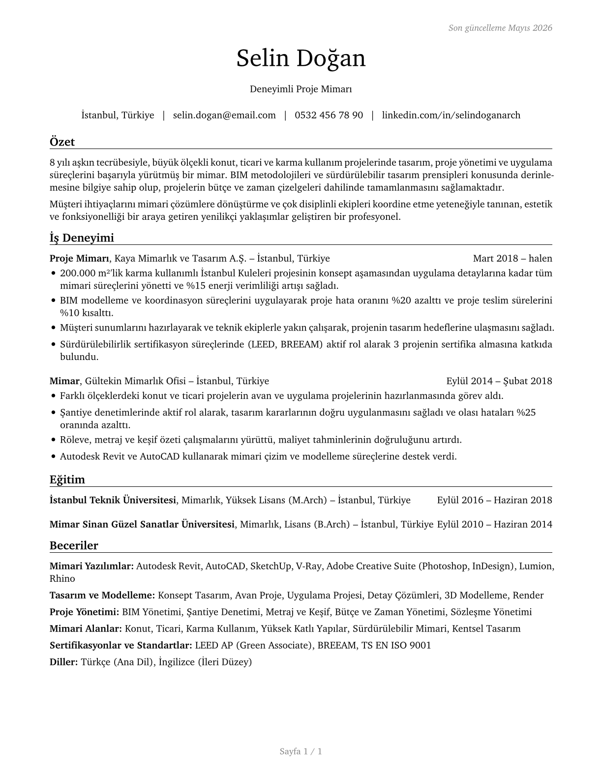 Architects, Except Landscape and Naval CV in Turkish — page 1
