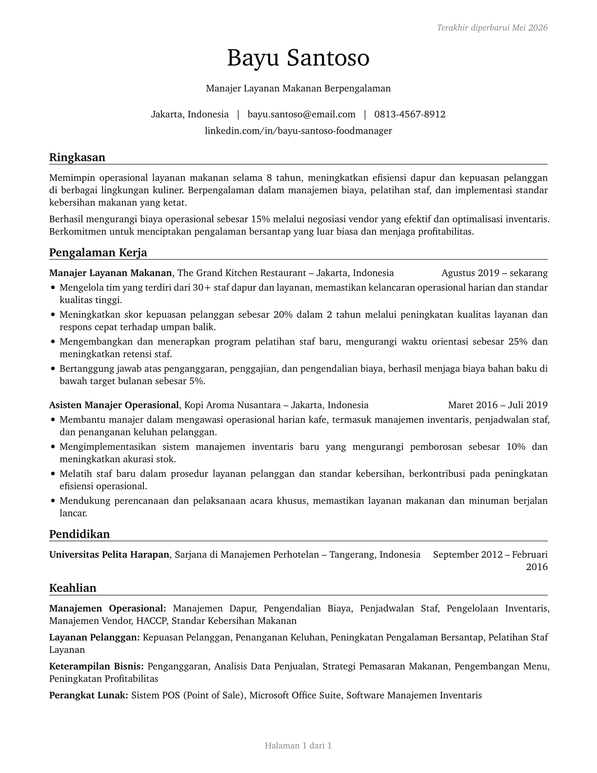Food Service Managers CV in Indonesian — page 1
