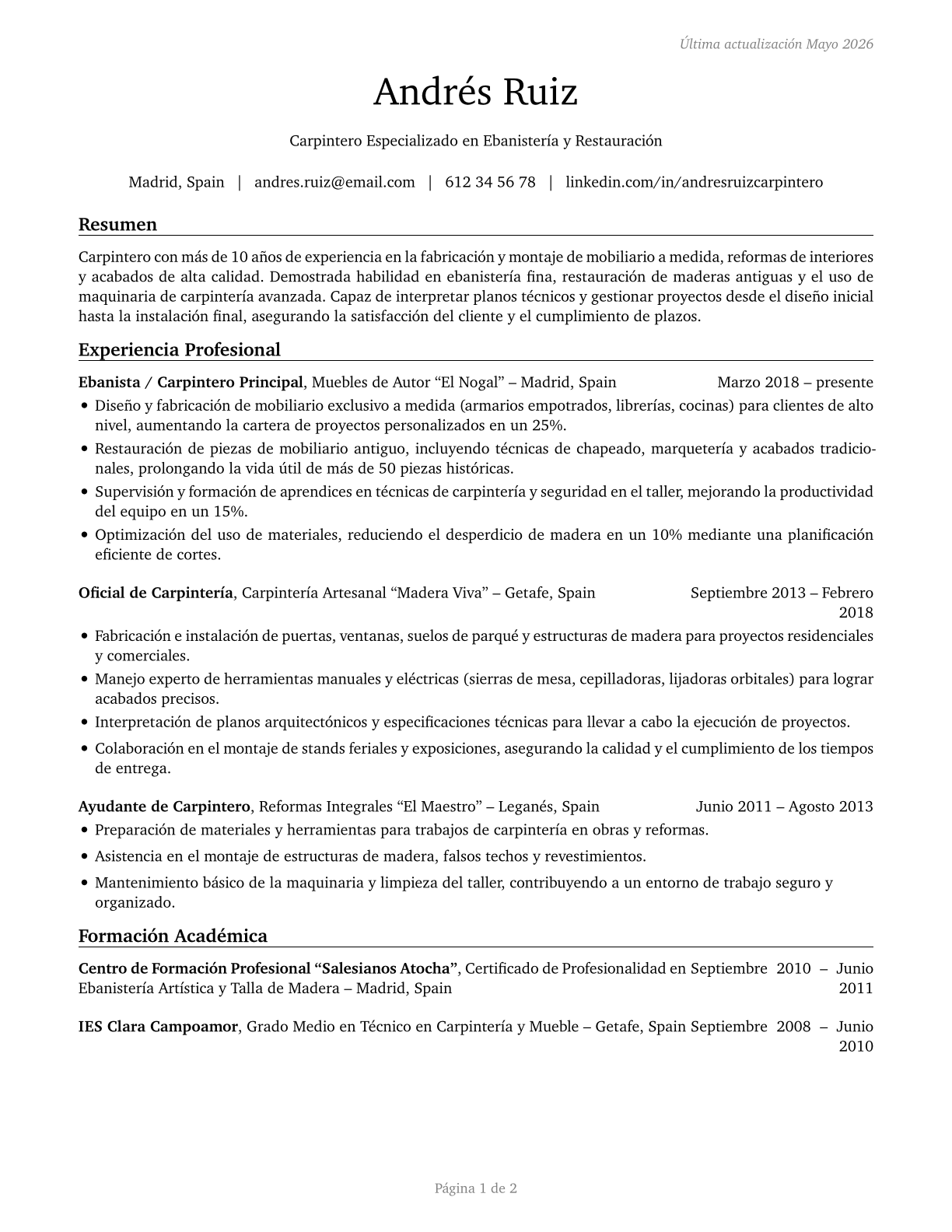 Carpenters CV in Spanish — page 1