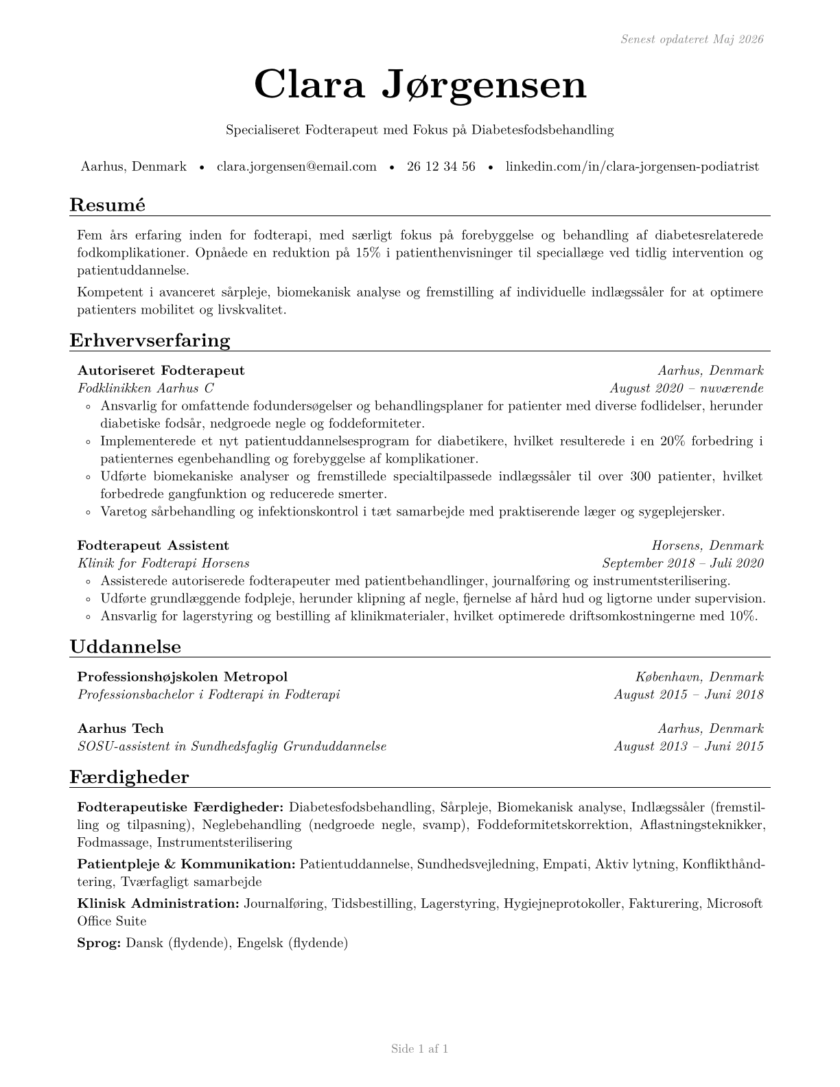 Podiatrists CV in Danish — page 1