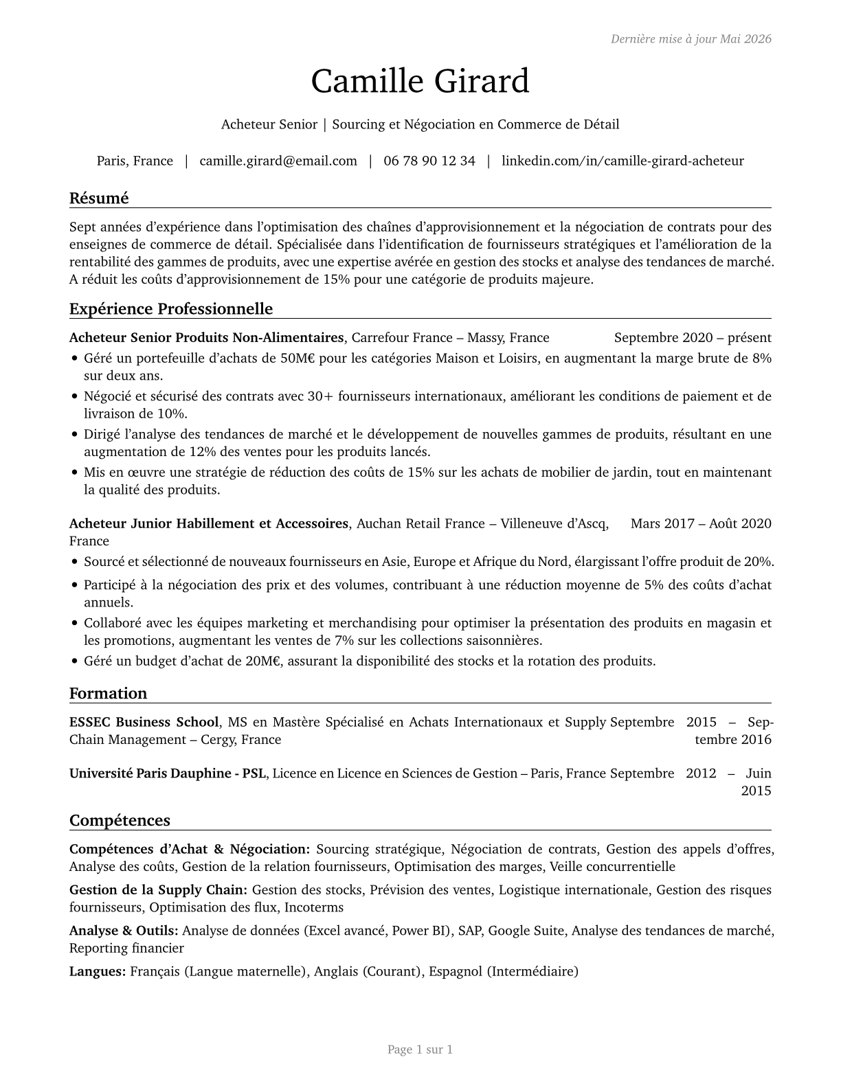 Wholesale and Retail Buyers, Except Farm Products CV in French — page 1