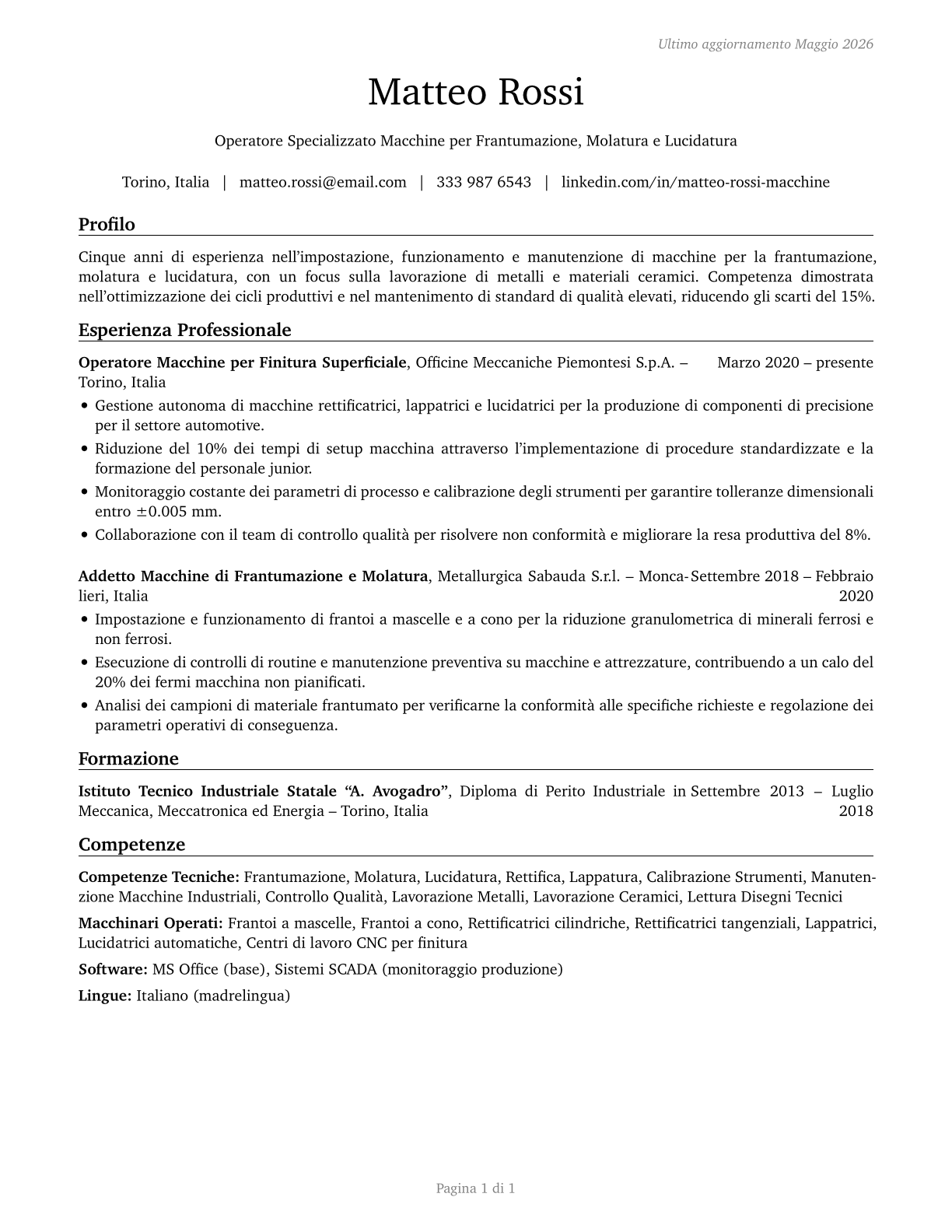 Crushing, Grinding, and Polishing Machine Setters, Operators, and Tenders CV in Italian — page 1