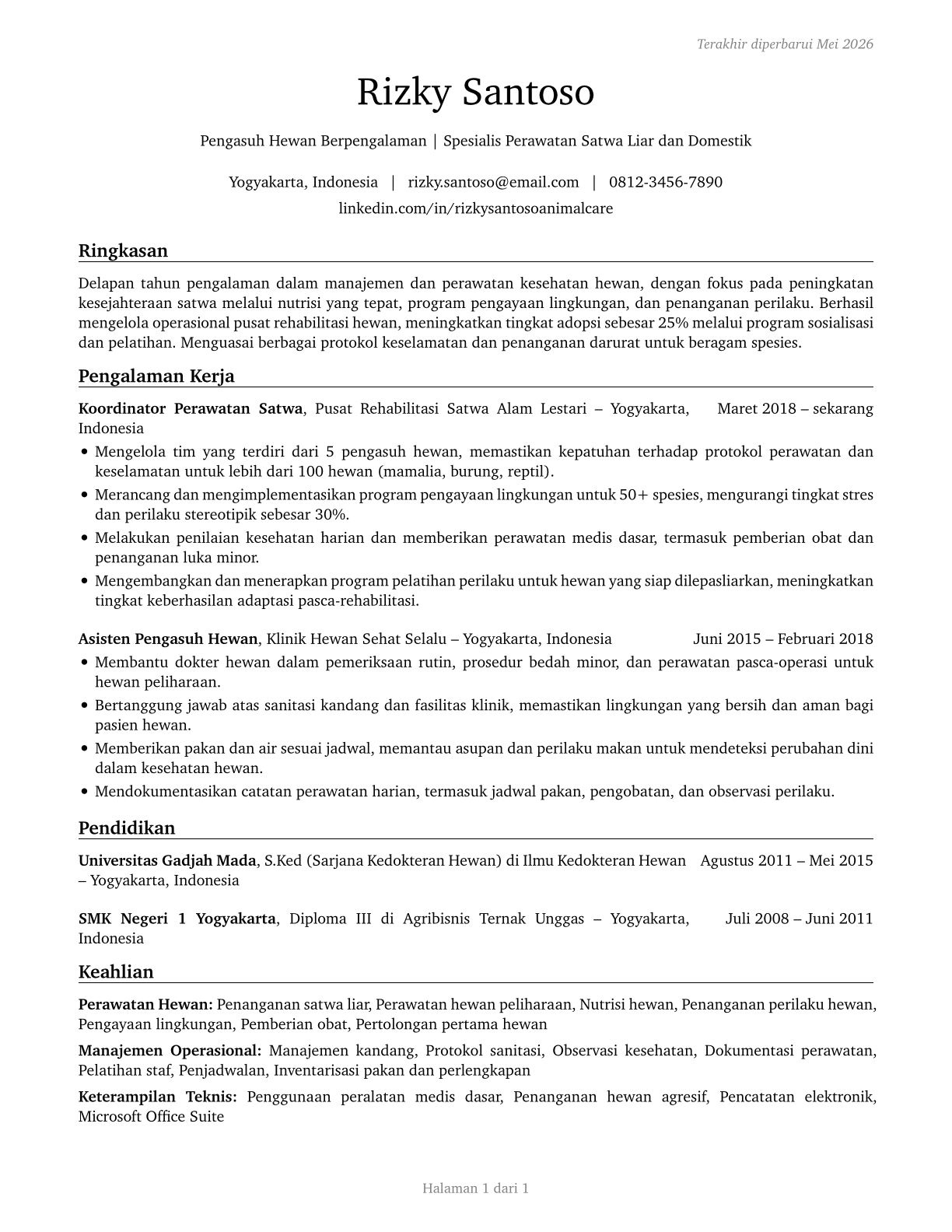 Animal Caretakers CV in Indonesian — page 1