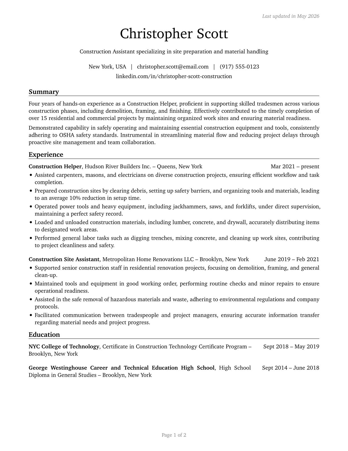 Helpers, Construction Trades, All Other CV in English — page 1