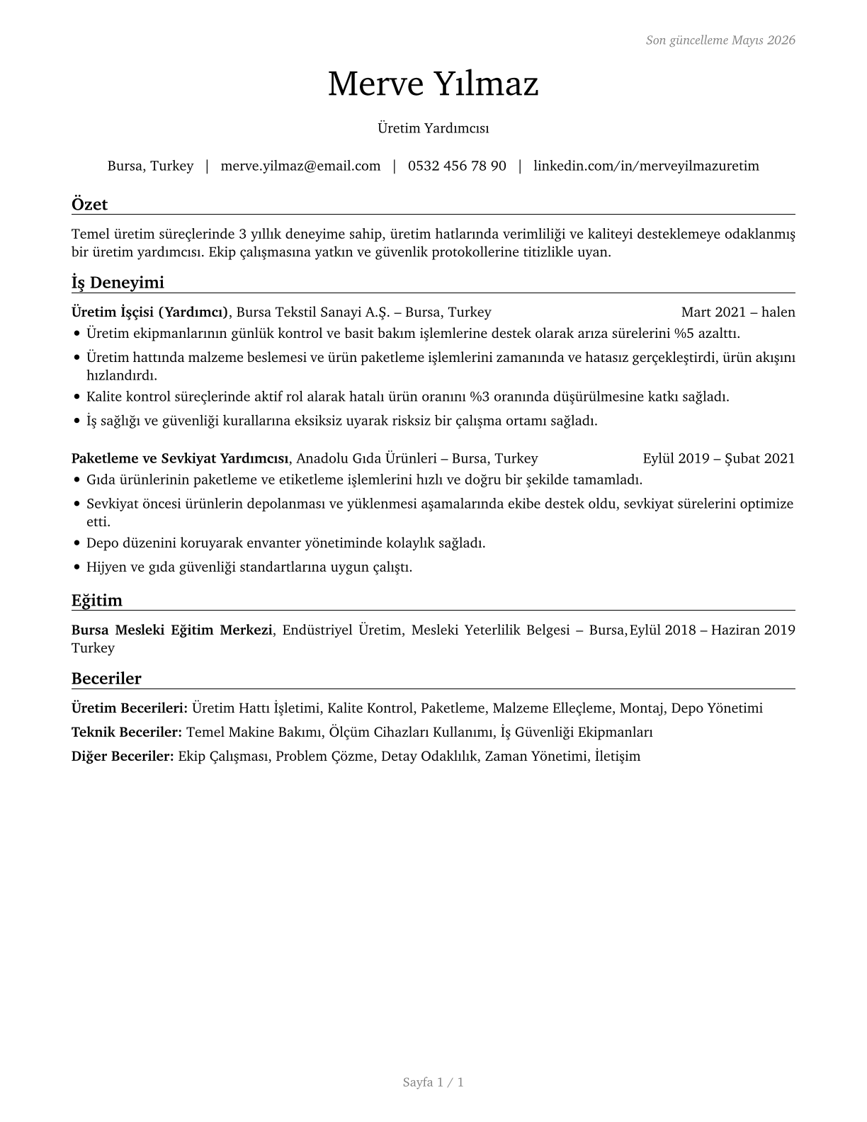 Helpers--Production Workers CV in Turkish — page 1