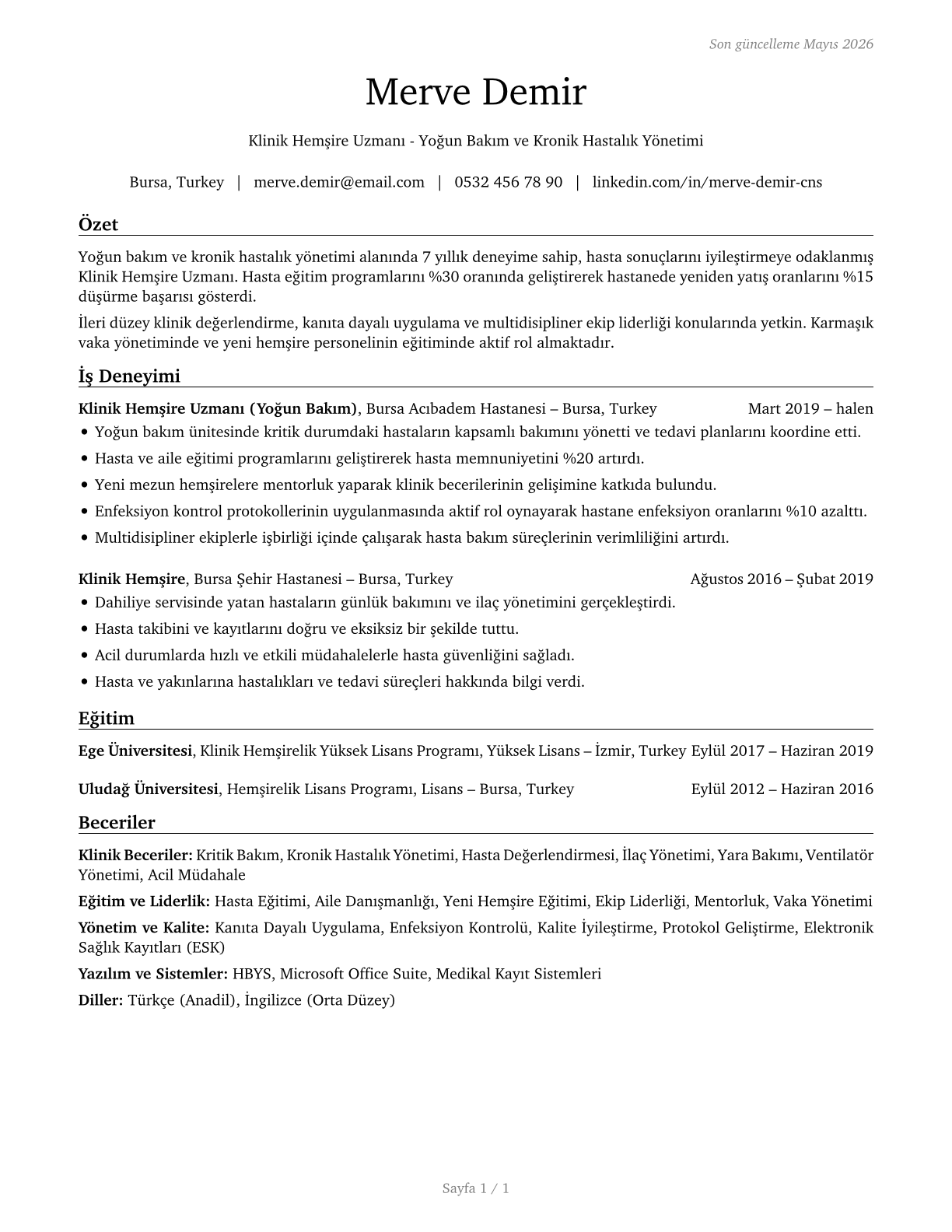 Clinical Nurse Specialists CV in Turkish — page 1