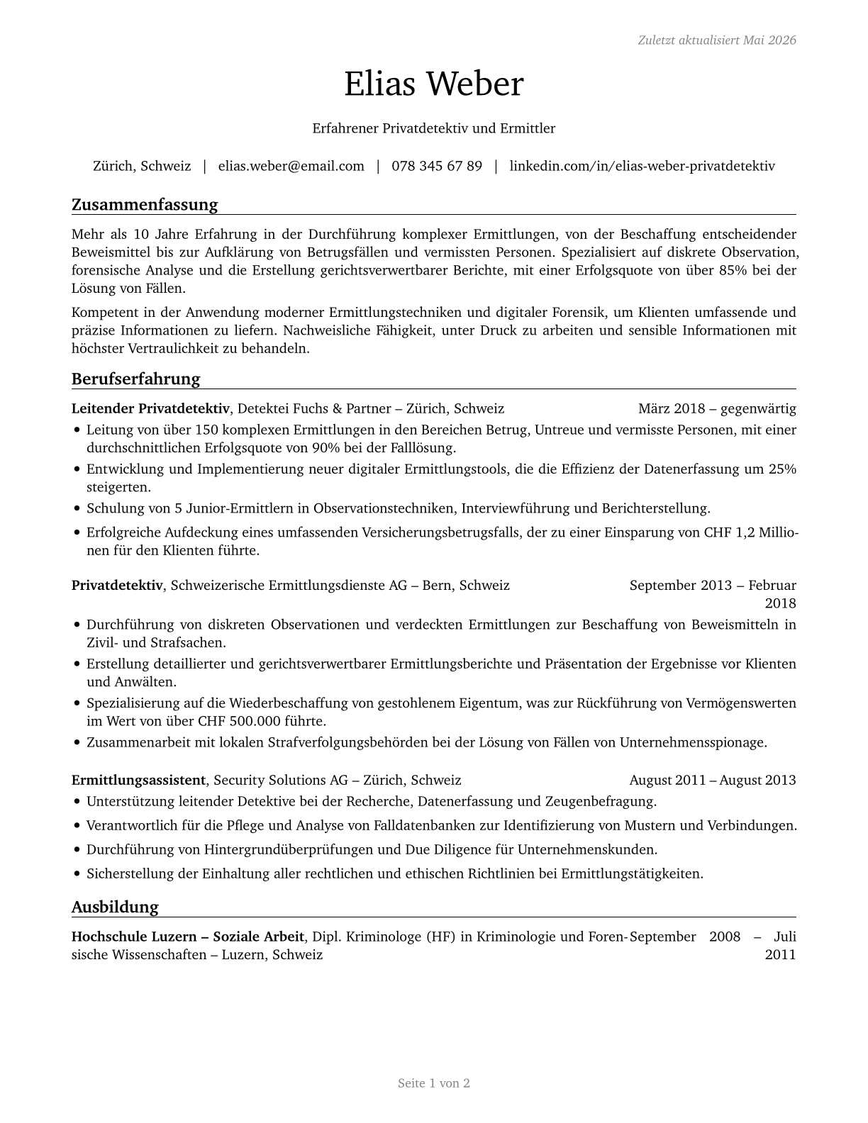 Private Detectives and Investigators CV in German — page 1