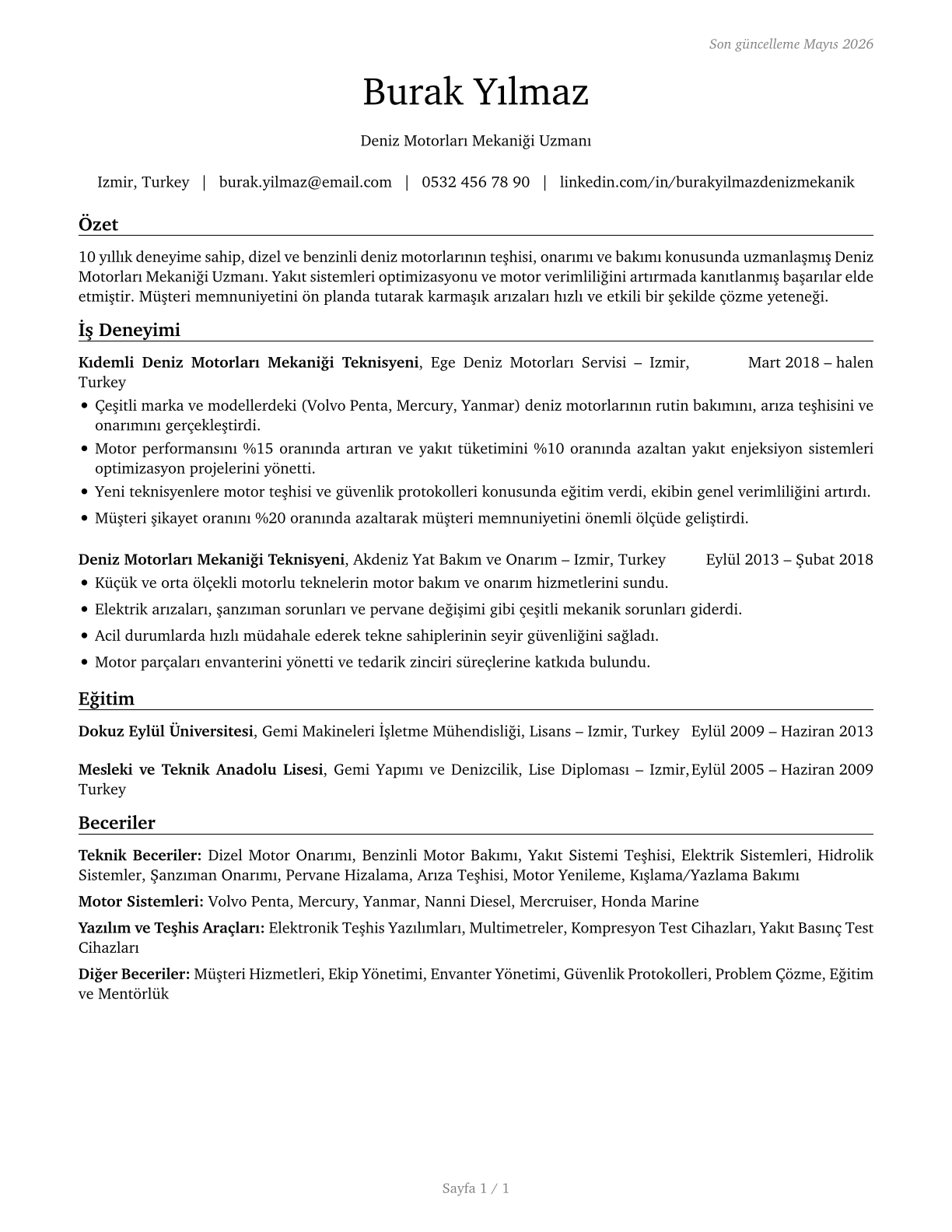 Motorboat Mechanics and Service Technicians CV in Turkish — page 1