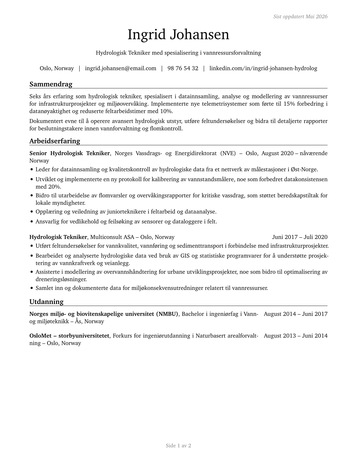 Hydrologic Technicians CV in Norwegian_bokmal — page 1
