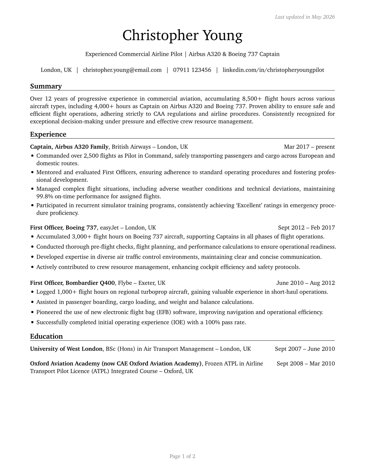 Commercial Pilots CV in English — page 1