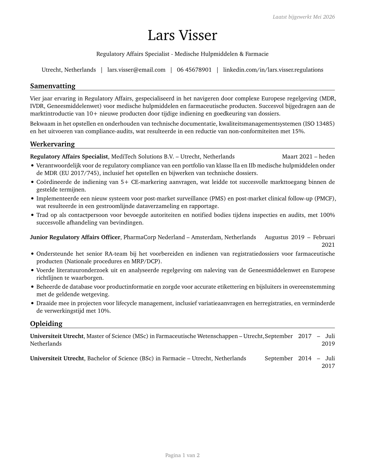Regulatory Affairs Specialists CV in Dutch — page 1